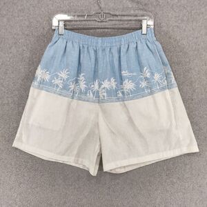 Vintage Island Feeling Swim Trunks Mens Size XL Blue White Hawaiian Palm Trees
